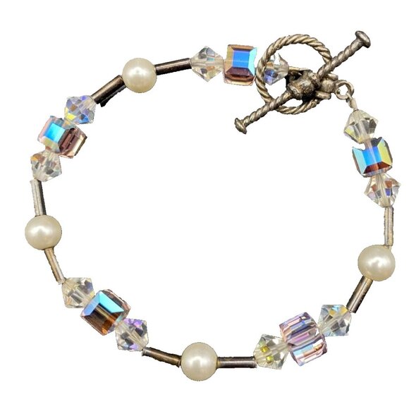 Vtg  Bracelet Sterling Silver Crystal Clear AB Pink Cube Bicone Faux Pearl  7" - Picture 1 of 8